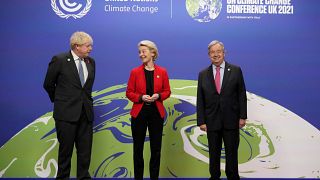 B. Johnson, Premier ministre britannique, U. von der Leyen, présidente de la Commission européenne et A. Guterres, secrétaire général de l'ONU. Glasgow, le 01/11/2021