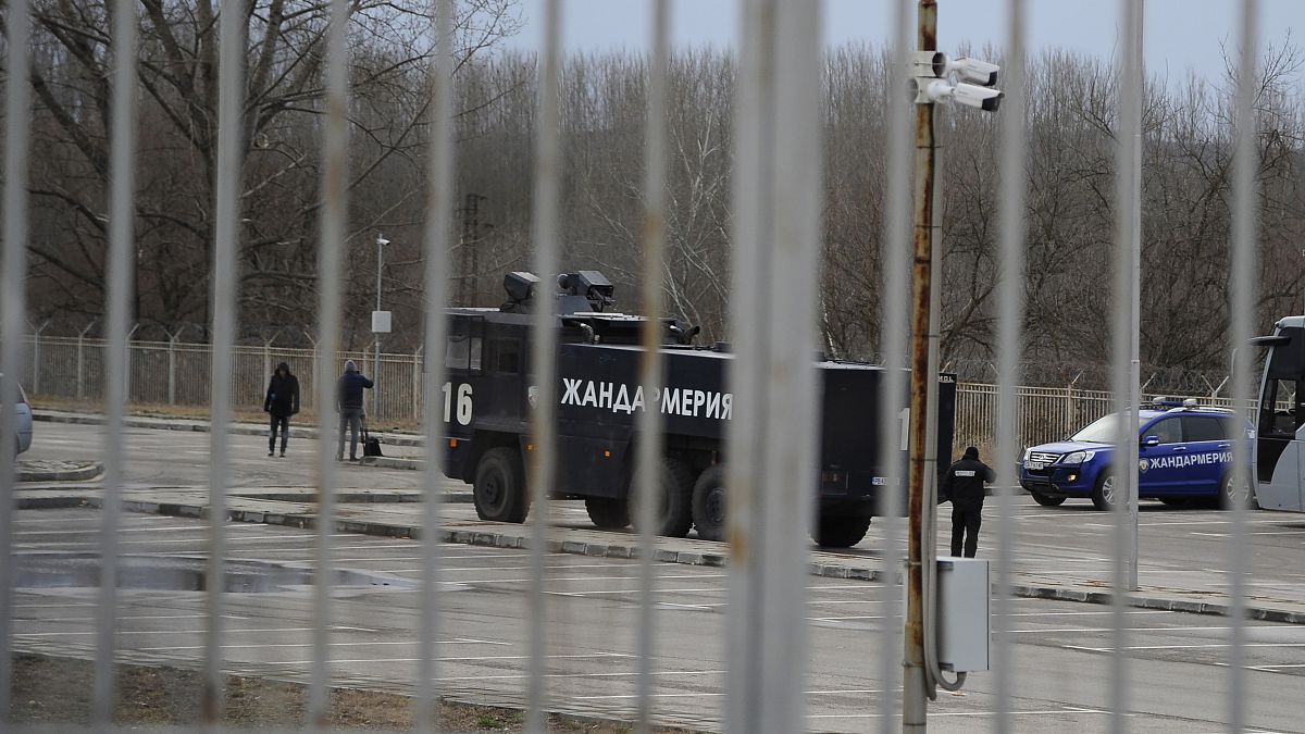 A water cannon truck is seen at the Kapitan Andreevo border crossing point between Bulgaria and Turkey in 2020.