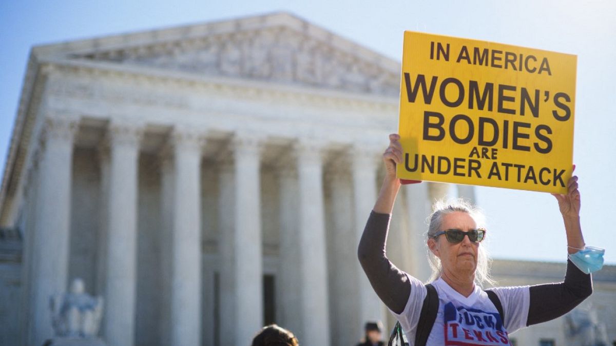 Pro-choice demonstrators are seen outside of the US Supreme Court in Washington, DC on November 1, 2021.