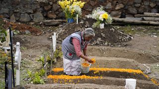 امرأة تضع الزهور على قبر أحد الأقارب، حيث يبدأ الناس في الوصول لتذكر موتاهم في المكسيك. 2021/10/31