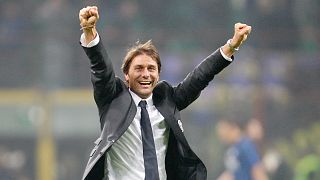 Juventus coach Antonio Conte celebrates during a match with Inter Milan