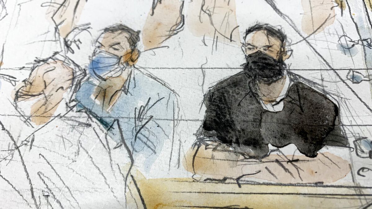 Sept.8, 2021 file sketch shows key defendant Salah Abdeslam, right, and Mohammed Abrini in the special courtroom built for the 2015 attacks trial.