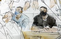 Sept.8, 2021 file sketch shows key defendant Salah Abdeslam, right, and Mohammed Abrini in the special courtroom built for the 2015 attacks trial.