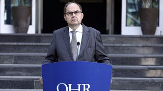 Christian Schmidt, new head of Bosnia's Office of the High Representative, or OHR, speaks during a ceremony in the capital Sarajevo, Aug. 2, 2021.
