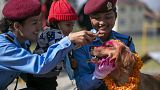 Nepalese police officers and a child worship a police dog during Tihar festival celebrations.
