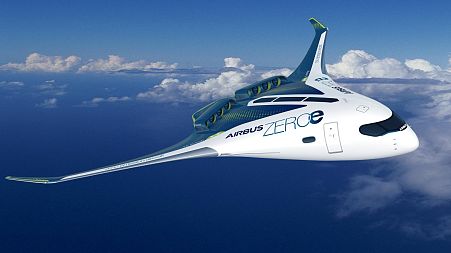 ZEROe is an Airbus concept aircraft. In the blended-wing body configuration, two hybrid hydrogen turbofan engines provide thrust