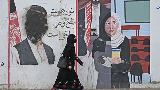 زنی در شهر مزارشریف در حال عبور از کنار یک نقاشی دیواری است