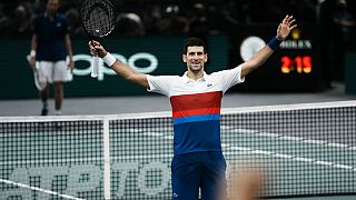 Le n°1 mondial Novak Djokovic au moment de sa victoire en finale du Masters 1000 de Paris, le 7 novembre 2021, Paris, France