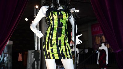 The dress worn by Amy Winehouse for a concert performance in Belgrade is displayed at Julien's Auctions in Beverly Hills, California on November 1, 2021.