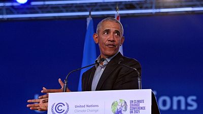 Former US President Barack Obama speaks during a session at the COP26 UN Climate Change Conference in Glasgow.