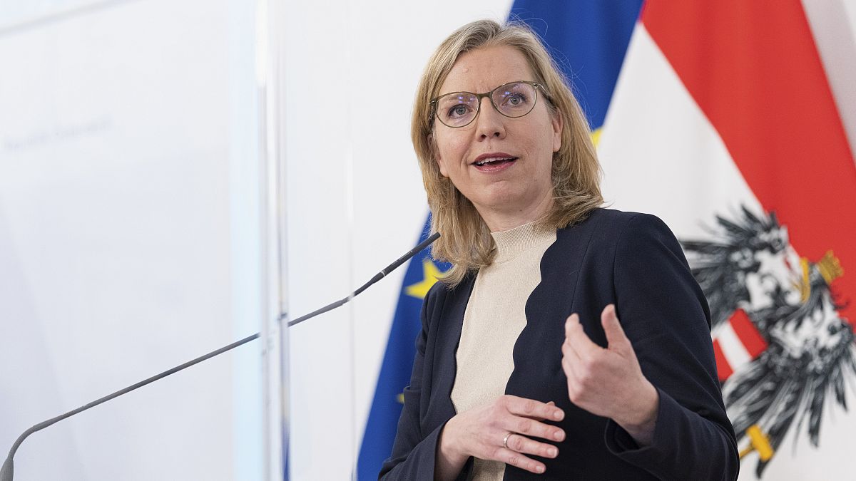 FILE - Austria's minister for climate protection, technology and innovation Leonore Gewessler speaks during a news conference  at the federal chancellery in Vienna, Austria.