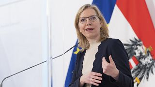 FILE - Austria's minister for climate protection, technology and innovation Leonore Gewessler speaks during a news conference  at the federal chancellery in Vienna, Austria.