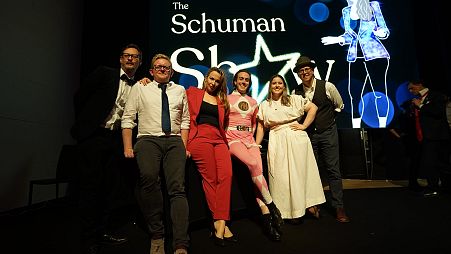The cast and show's director Kelly Agathos of 'The Schuman Show'.