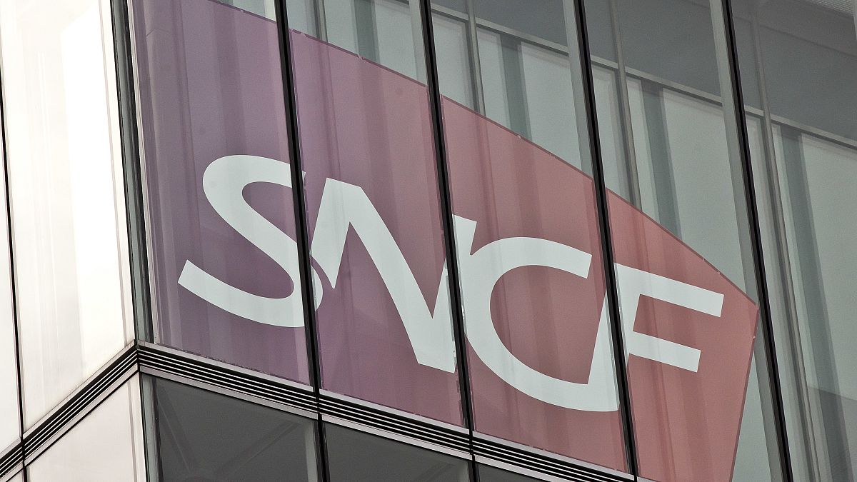 The logo of France's national state-owned railway company SNCF is pictured in Saint Denis, outside Paris.