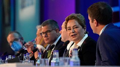 Patricia Espinosa, UNFCCC Executive-Secretary, and Alok Sharma, President of the COP26 summit, attend a meeting at COP26, November 11, 2021.
