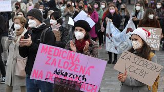 People protest against proposed bill that tightens access to abortion on Oct. 20. 2021 in Kosice Slovakia.