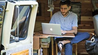  U.S. journalist Danny Fenster works out of his van that he made into a home/office in Detroit in 2018