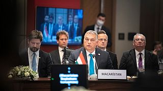 Orbán Viktor kormányfő a Türk Nyelvű Államok Együttműködési Tanácsának isztambuli csúcstalálkozóján 2021. november 12-én.