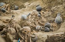 This picture released by Peruvian Ministry of Culture showing the human remains discovered at the archaeological complex of Chan Chan, in Trujillo, Peru on November 11, 2021.