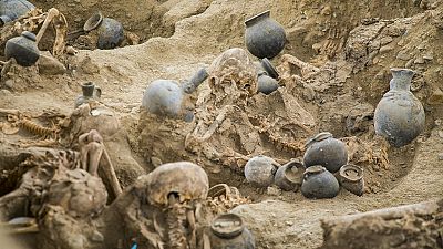This picture released by Peruvian Ministry of Culture showing the human remains discovered at the archaeological complex of Chan Chan, in Trujillo, Peru on November 11, 2021.