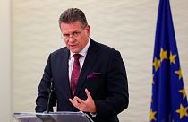 Maros Sefcovic, vice president of European Commission, gestures during a news conference in London, Friday, Nov. 12, 2021.