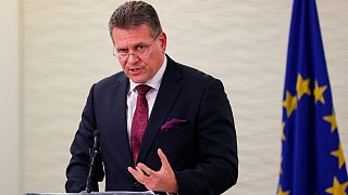 Maros Sefcovic, vice president of European Commission, gestures during a news conference in London, Friday, Nov. 12, 2021.
