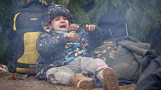 Un enfant pleure alors que d'autres exilés du Moyen-Orient et d'ailleurs se rassemblent à la frontière entre le Bélarus et la Pologne près de Grodno (Bélarus), le 12/11/2021