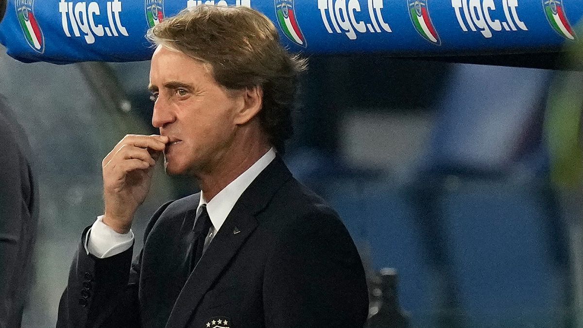 Italy coach Roberto Mancini before the World Cup 2022 group C qualifying football match at Rome's Olympic stadium, Friday, Nov. 12, 2021.