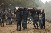 Groupe d'hommes transportant un tronc d'arbre dans un camp de migrants à la frontière entre le Bélarus et la Pologne, le 14/11/2021