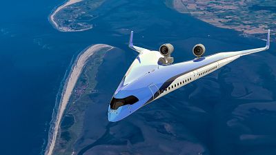 A conceptual drawing of how the Flying V would look in flight. A conceptual drawing of how the Flying V would look in flight.