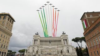 Italian Airforce acrobatic squad "Frecce Tricolori" fly above the Monument of the Unknown Soldier in Piazza Venezia Square, in Rome