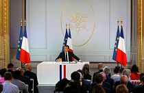 Elysee Sarayı'nda düzenlediği basın toplantısında konuşan Fransa Cumhurbaşkanı Emmanuel Macron