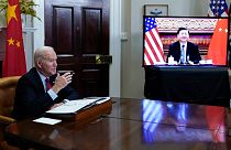 President Joe Biden meets virtually with Chinese President Xi Jinping from the Roosevelt Room of the White House in Washington, Monday, Nov. 15, 2021.