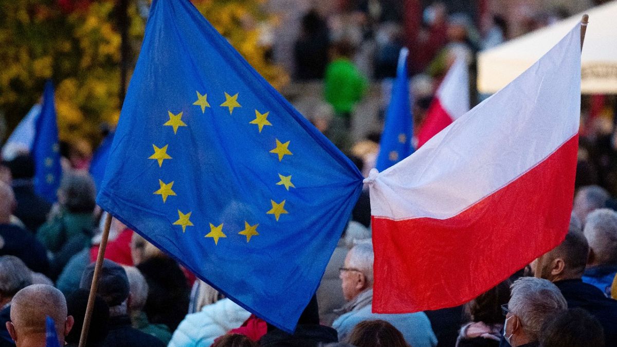 People hold up an EU flag and a Polish flag tied together as they take part in a pro-EU demonstration, Gdansk, northern Poland, on October 10, 2021.