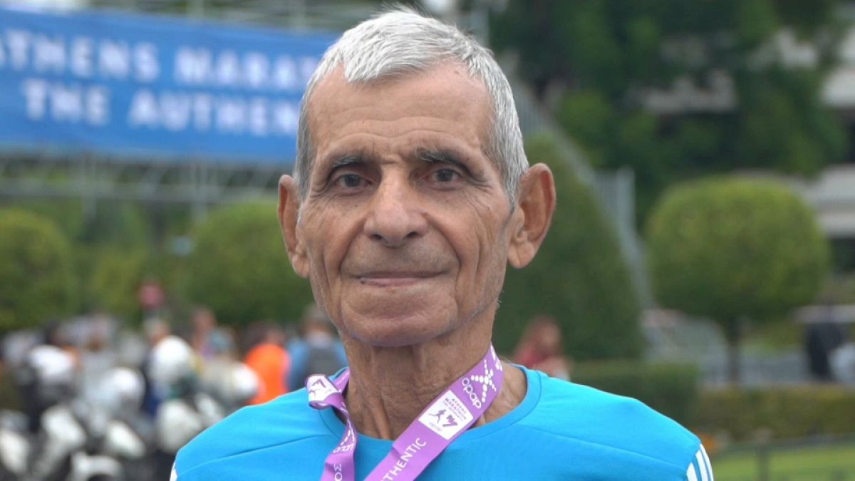 88-year-old Panagiotis Dousis who took part in the 38th Authentic Athens Marathon race on November 14, 2021.