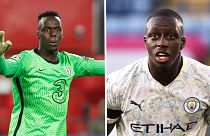 Chelsea's goalkeeper Edouard Mendy, left, and Manchester City's Benjamin Mendy, right.