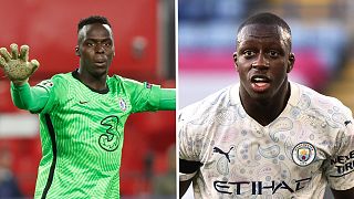 Chelsea's goalkeeper Edouard Mendy, left, and Manchester City's Benjamin Mendy, right. 