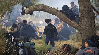 Migrants from the Middle East and elsewhere rest on the ground as they gather at the Belarus-Poland border near Grodno, Belarus, Monday, Nov. 8, 2021.