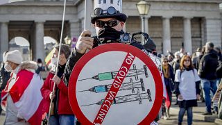Протестующий против обязательной вакцинации от COVID-19 в Вене, Австрия
