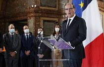 French Prime Minister Jean Castex gives a statement after a Belgian-French security consultation meeting at Egmont Palace in Brussels, Monday, Nov. 22, 2021.