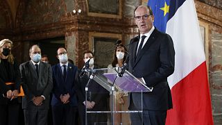 French Prime Minister Jean Castex gives a statement after a Belgian-French security consultation meeting at Egmont Palace in Brussels, Monday, Nov. 22, 2021.