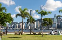 View across Victoria Harbour from Hong Kong's West Kowloon Cultural District, 2021.
