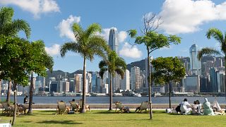 View across Victoria Harbour from Hong Kong's West Kowloon Cultural District, 2021.