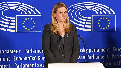 Facebook whistleblower Frances Haugen makes a press statement after speaking to MEPs in Brussels on November 8