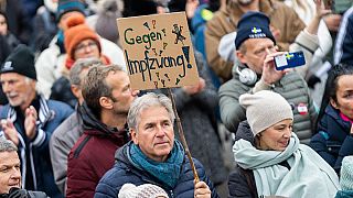 Demonstranten in Wien sprechen sich gegen die ab 1. Februar geltende Impfpflicht aus.