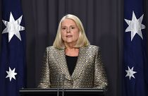 Australian Home Affairs Minister Karen Andrews address a press conference at Parliament House in Canberra, Australia, Wednesday, Nov. 24, 2021.