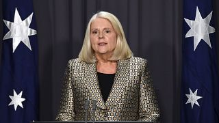 Australian Home Affairs Minister Karen Andrews address a press conference at Parliament House in Canberra, Australia, Wednesday, Nov. 24, 2021.