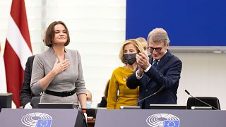 Tsikhanouskaya addressed the European Parliament in Strasbourg.