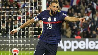 France's Karim Benzema celebrates after scoring his side's fifth goal during the World Cup 2022 group D qualifying match.