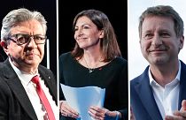 Jean-Luc Mélenchon, leader of la France Insoumise, left, Anne Hidalgo, the Socialist Party candidate, centre; Yannick Jadot, the Green Party candidate, right.